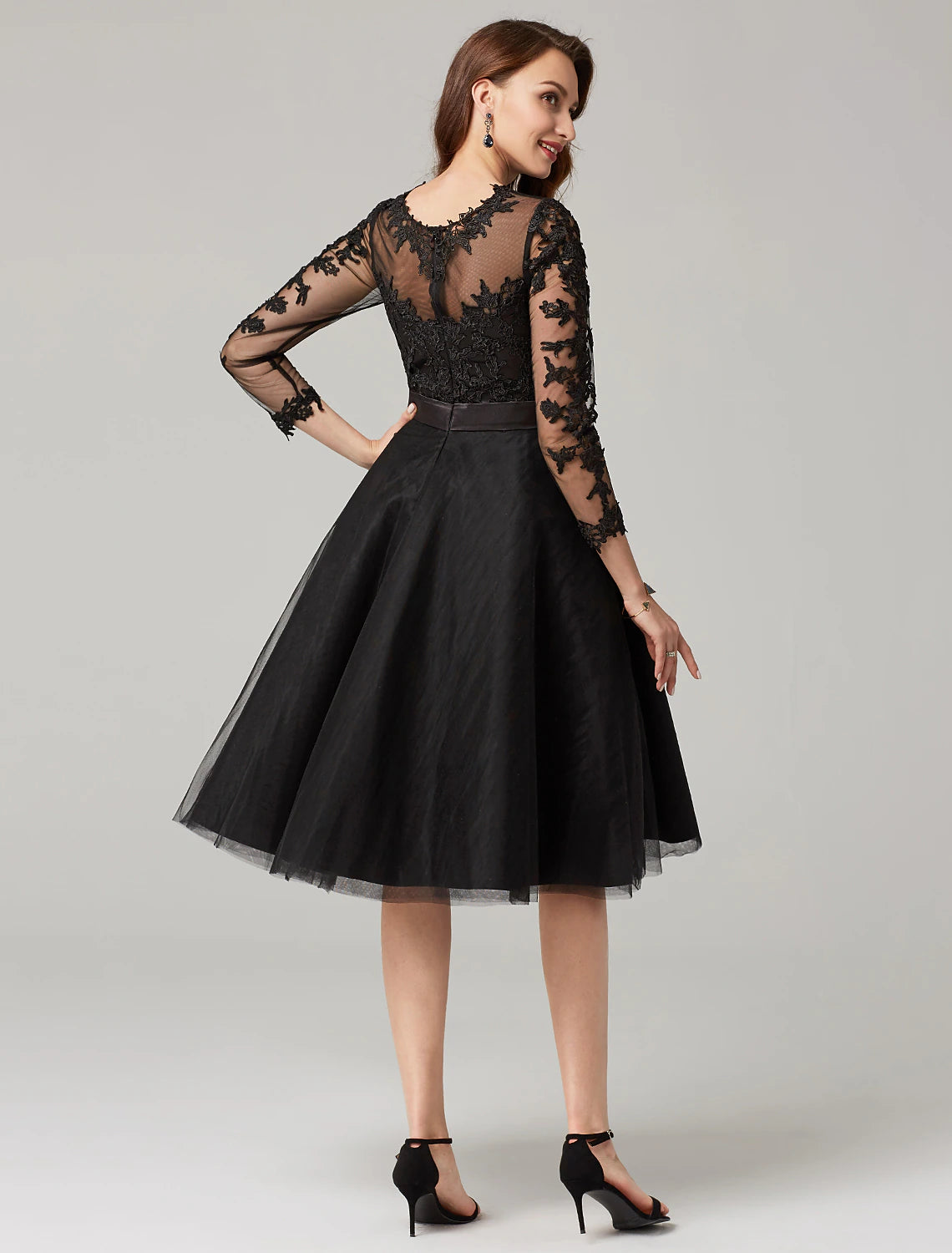 Wholesale A-Line Elegant Dress Wedding Guest Knee Length 3/4 Length Sleeve Illusion Neck Tulle Over Lace with Appliques